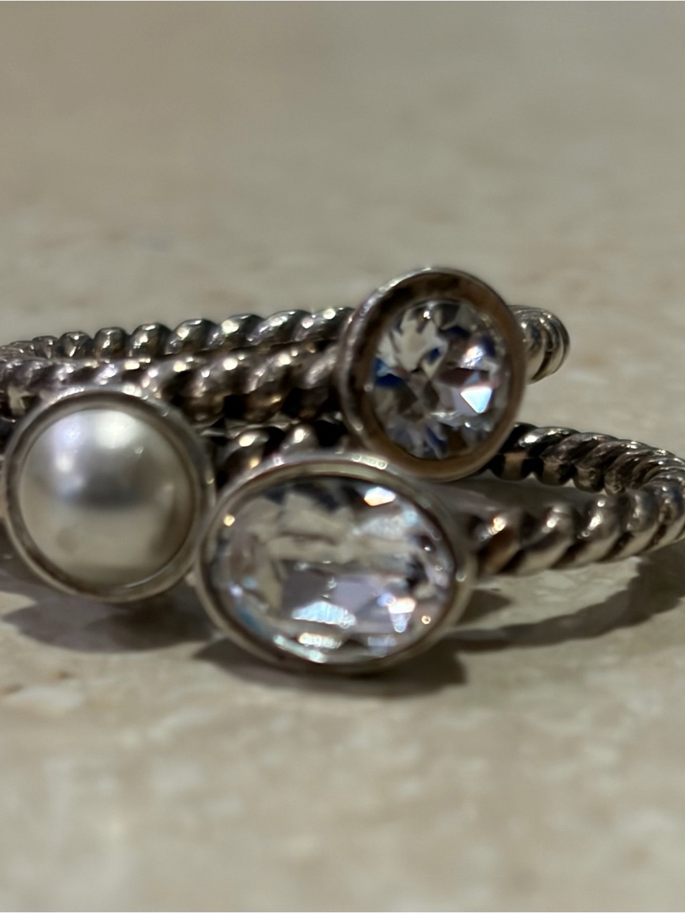 Brighton Silver-Tone Triple Ring with Pearl and Clear Stones